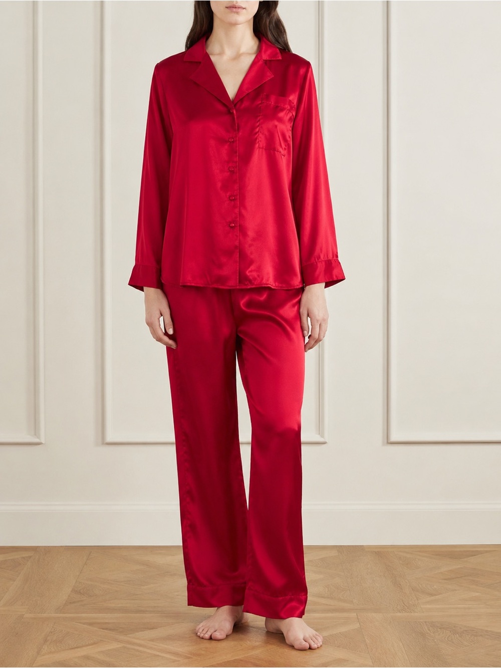 NWT Private Image 100% Silk Pajama Set Button Front 2 Piece Long Sleeve Red L